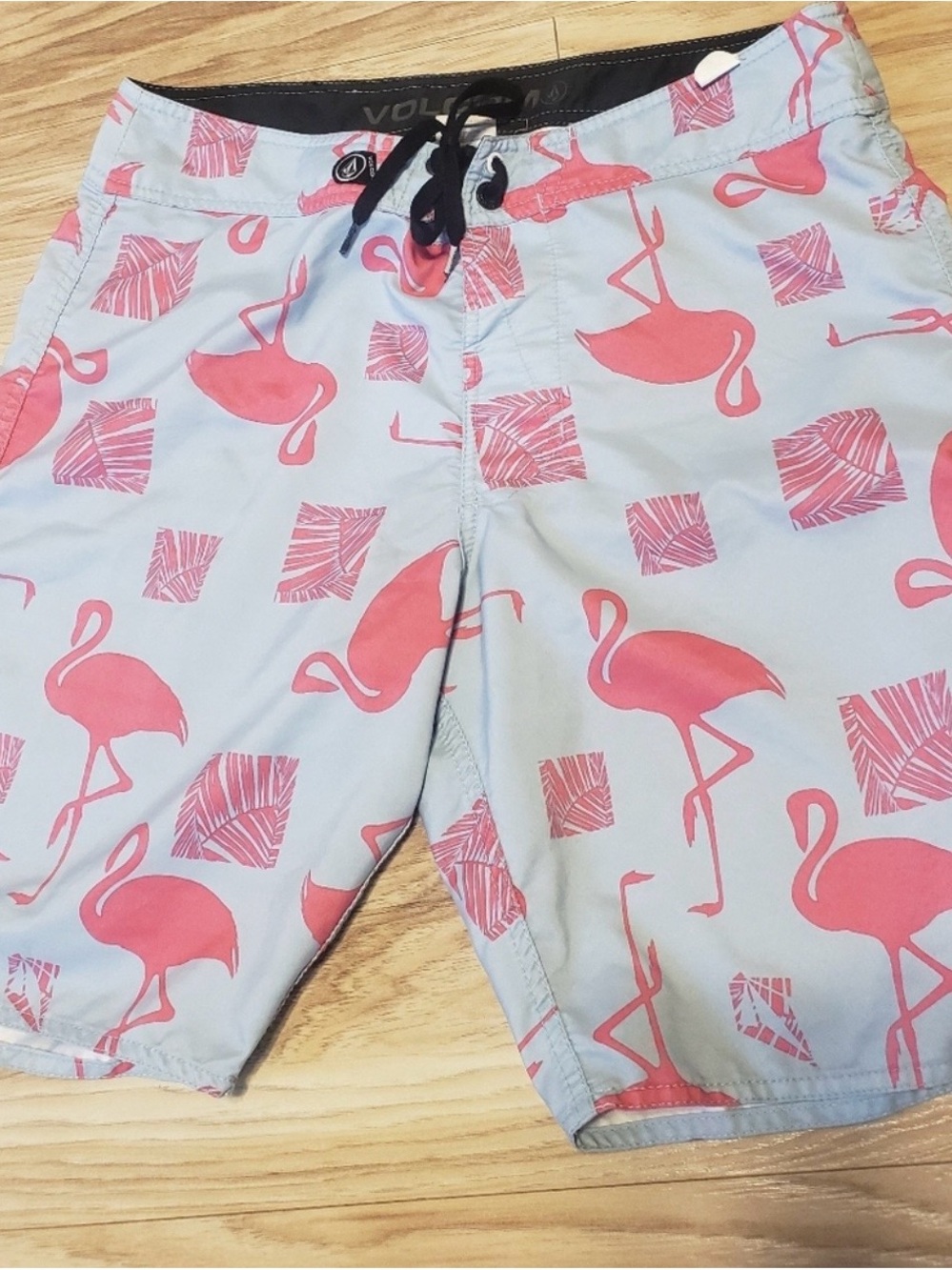 Volcom Light Blue Swim Shorts with Pink Flamingo Print Vintage Y2K
